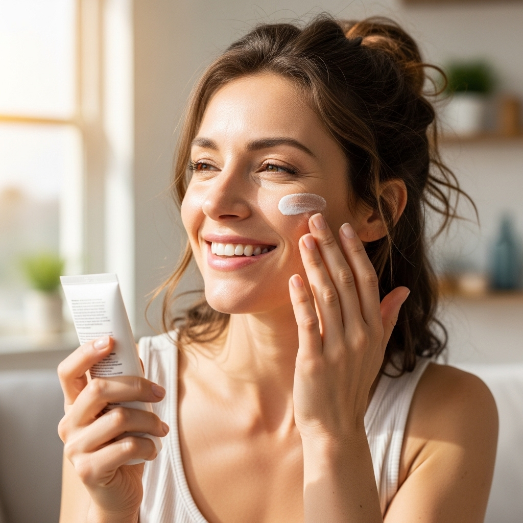 Mão aplicando protetor solar no rosto, simbolizando prevenção.