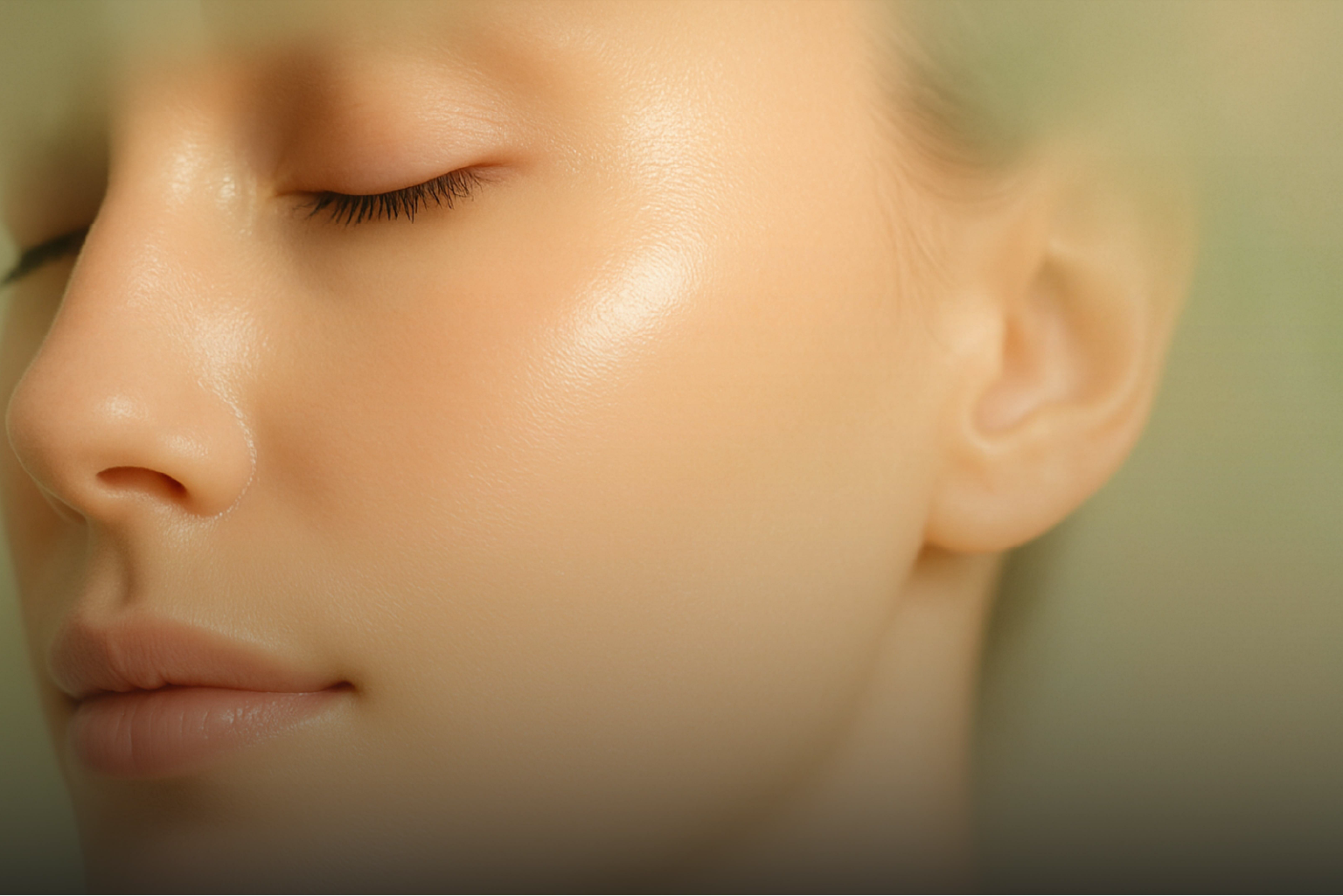 Mulher com a pele do rosto luminosa e bem cuidada.