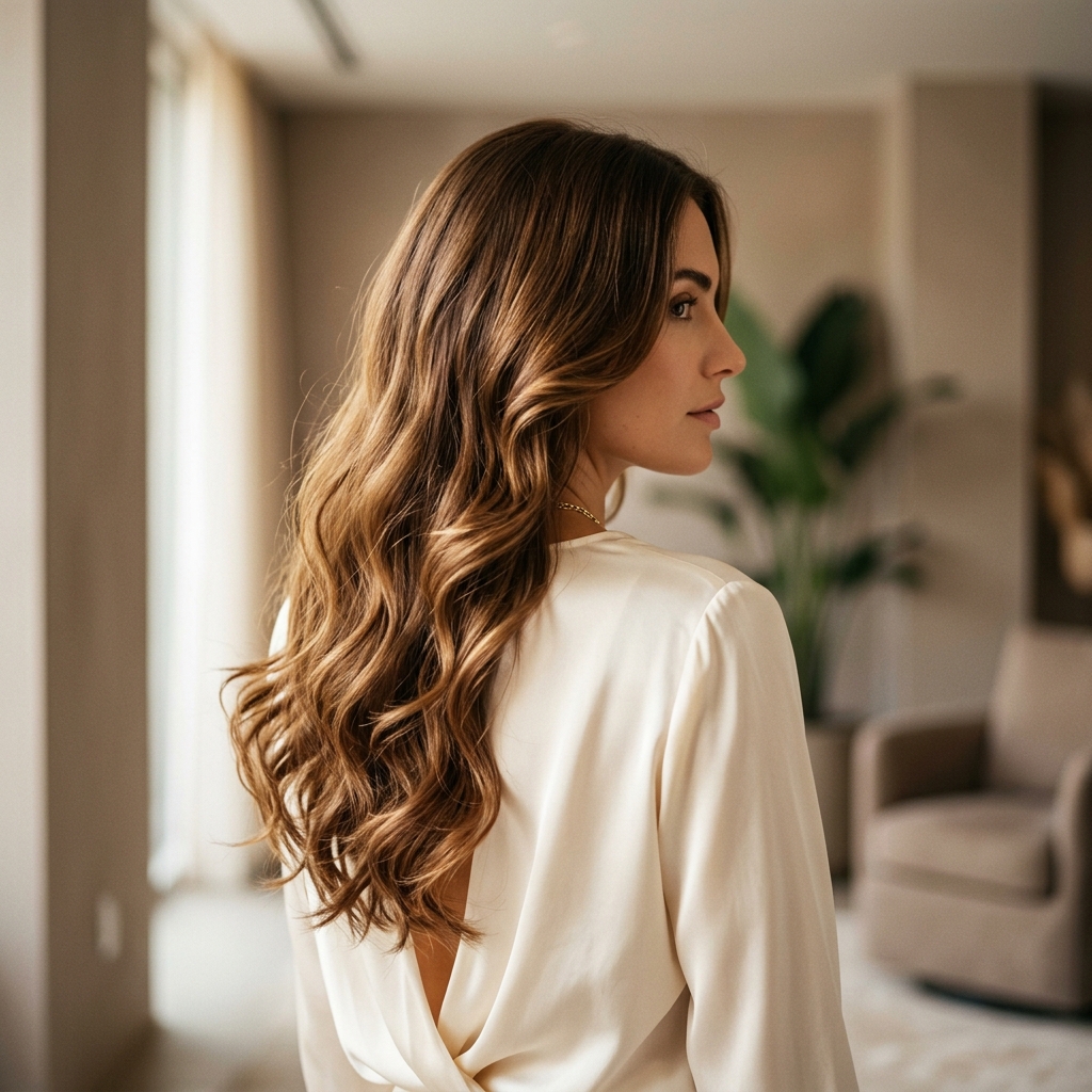 Mulher com cabelos volumosos e saudáveis após tratamento capilar