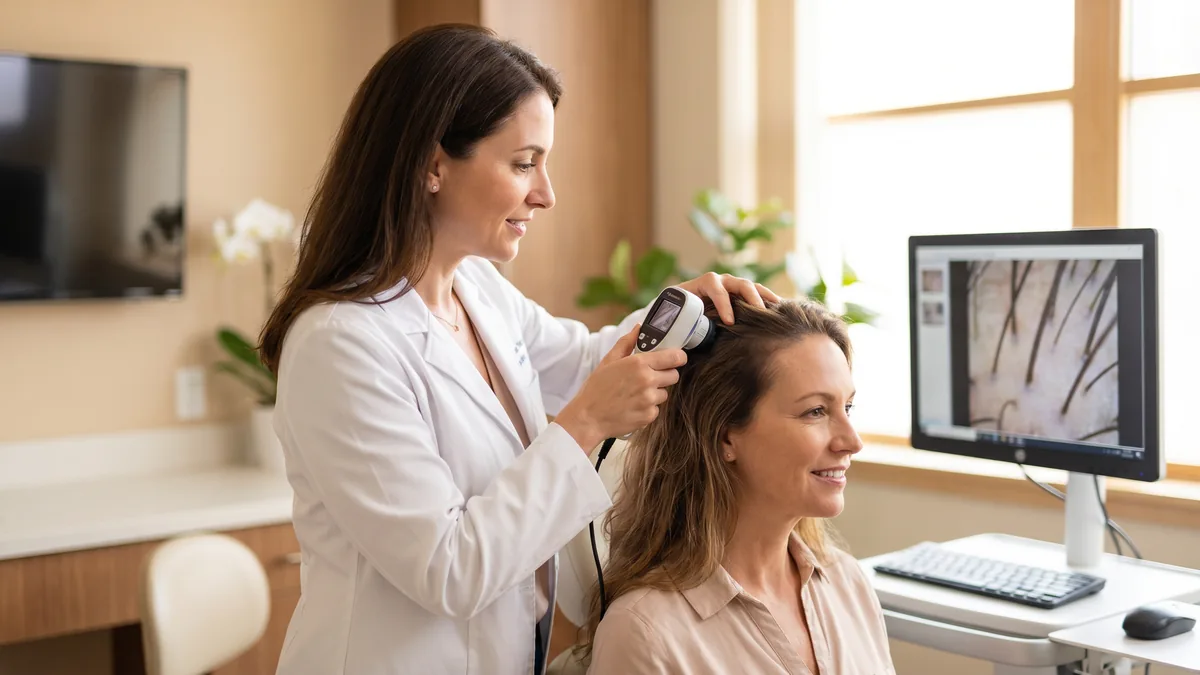 Dermatologista realizando avaliação capilar em consultório médico