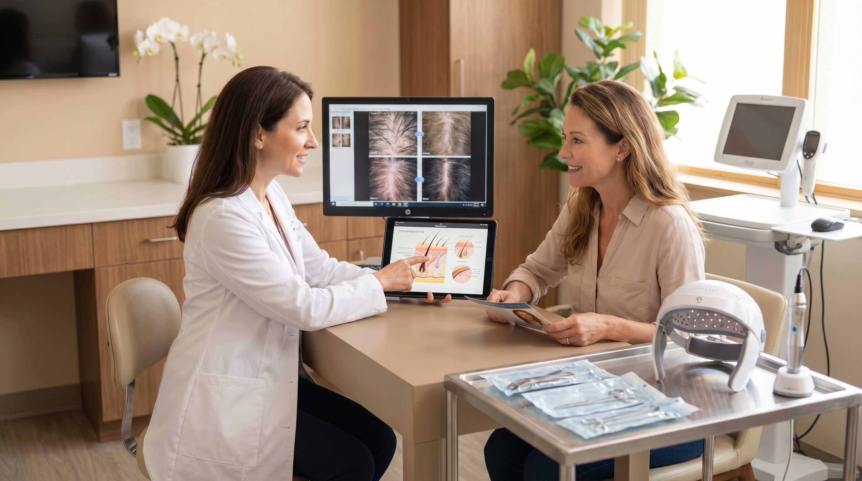 Dermatologista explicando tratamento capilar personalizado em consultório